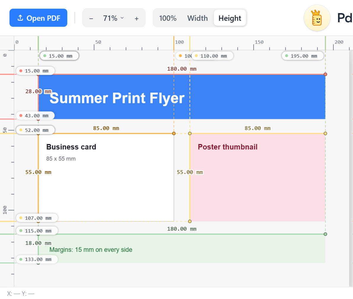 PdfRuler showing a flyer PDF with every box measured automatically in millimetres