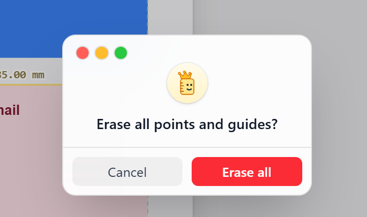 PdfRuler confirmation dialog asking to erase all points and guides
