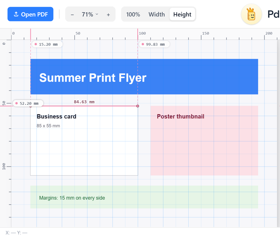 PdfRuler grid overlay drawn over a PDF page at the ruler tick spacing