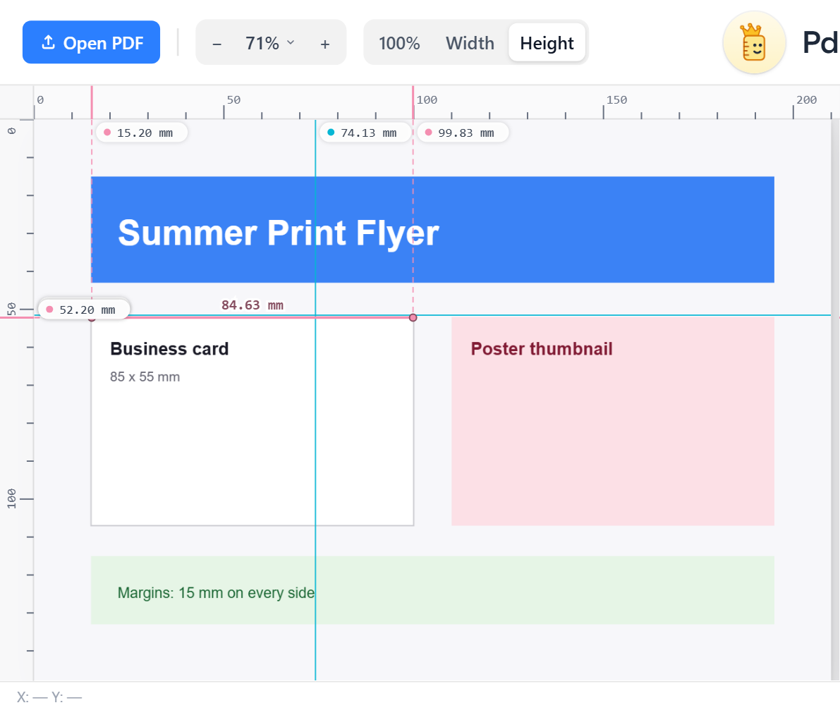 Horizontal and vertical ruler guides pulled onto a PDF page