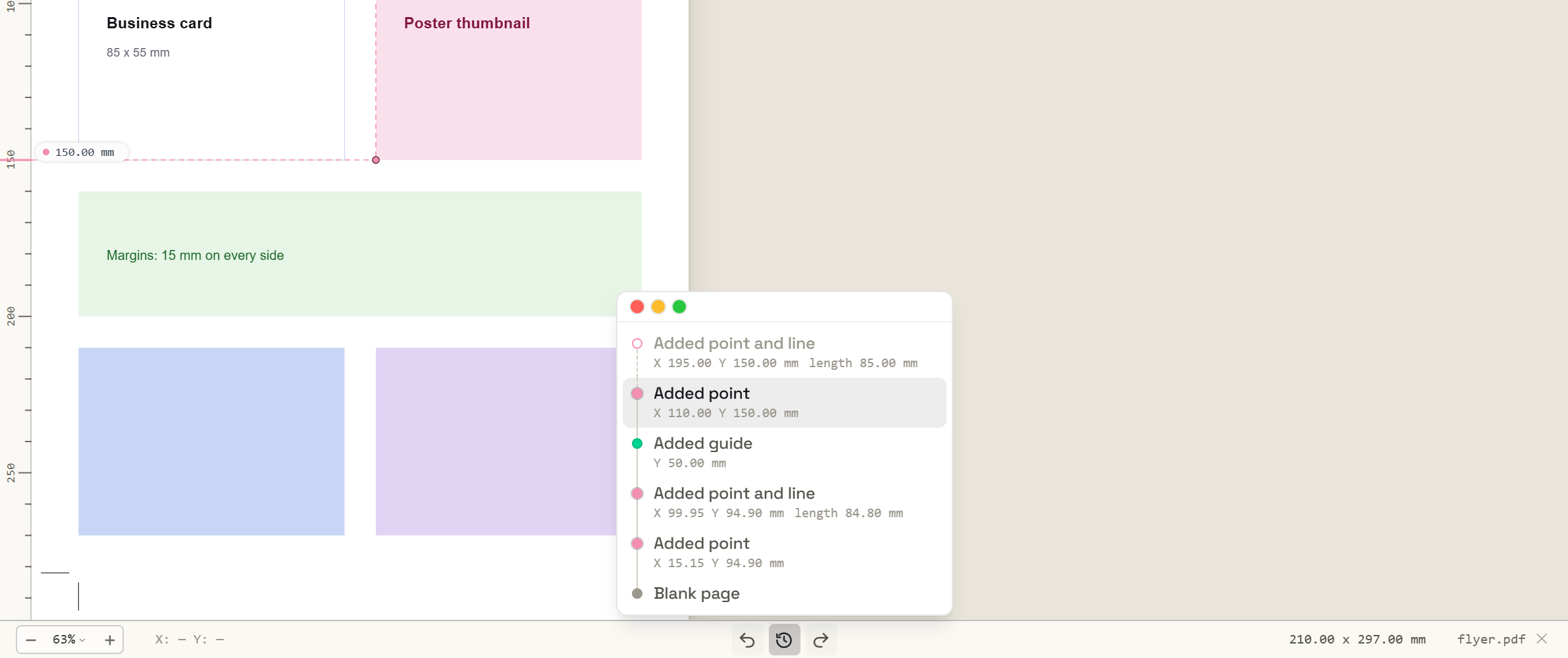The PdfRuler history list showing each step with its coordinates, next to the undo and redo buttons in the status bar