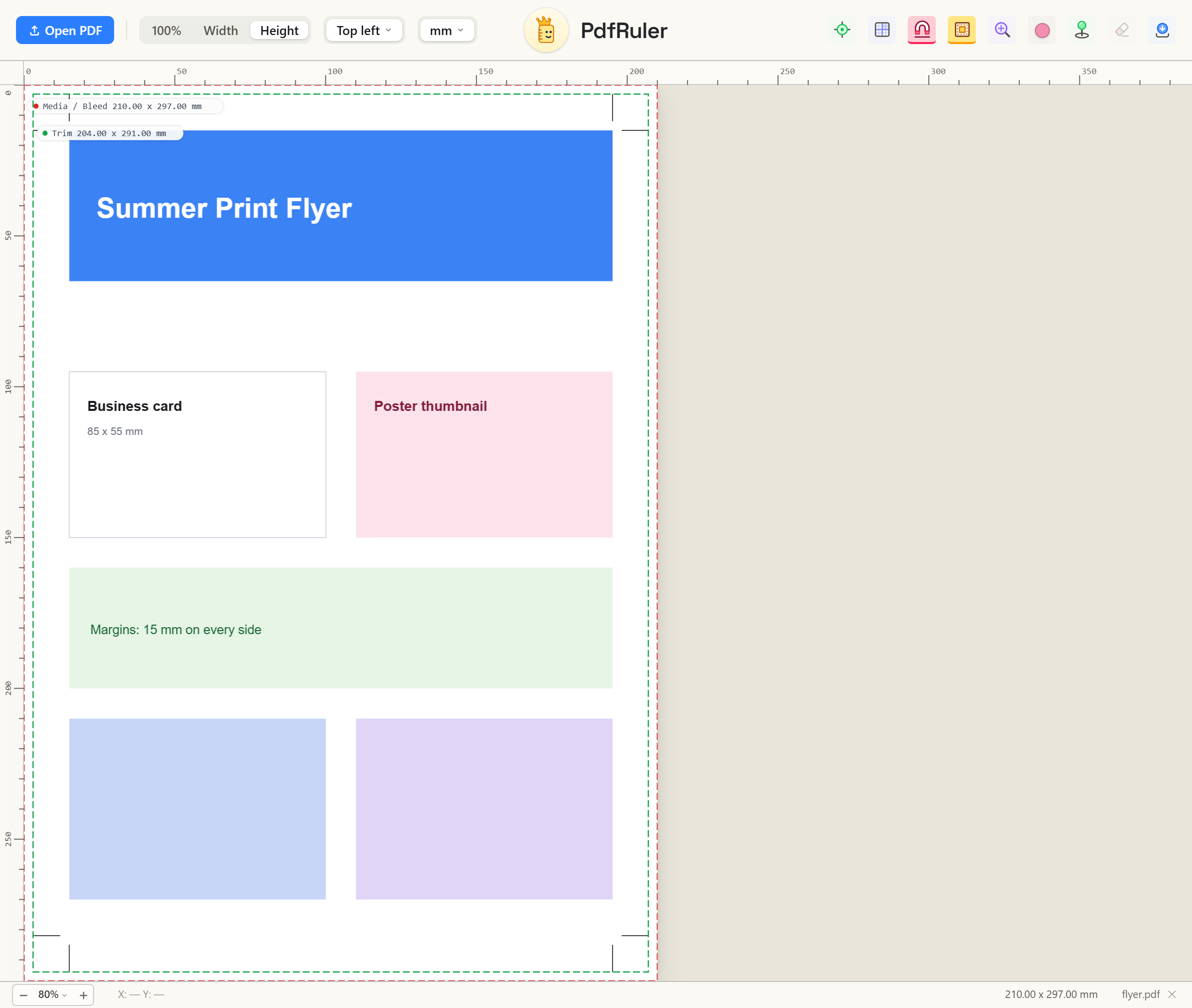 PdfRuler showing the media, bleed and trim boxes of a flyer PDF with their sizes