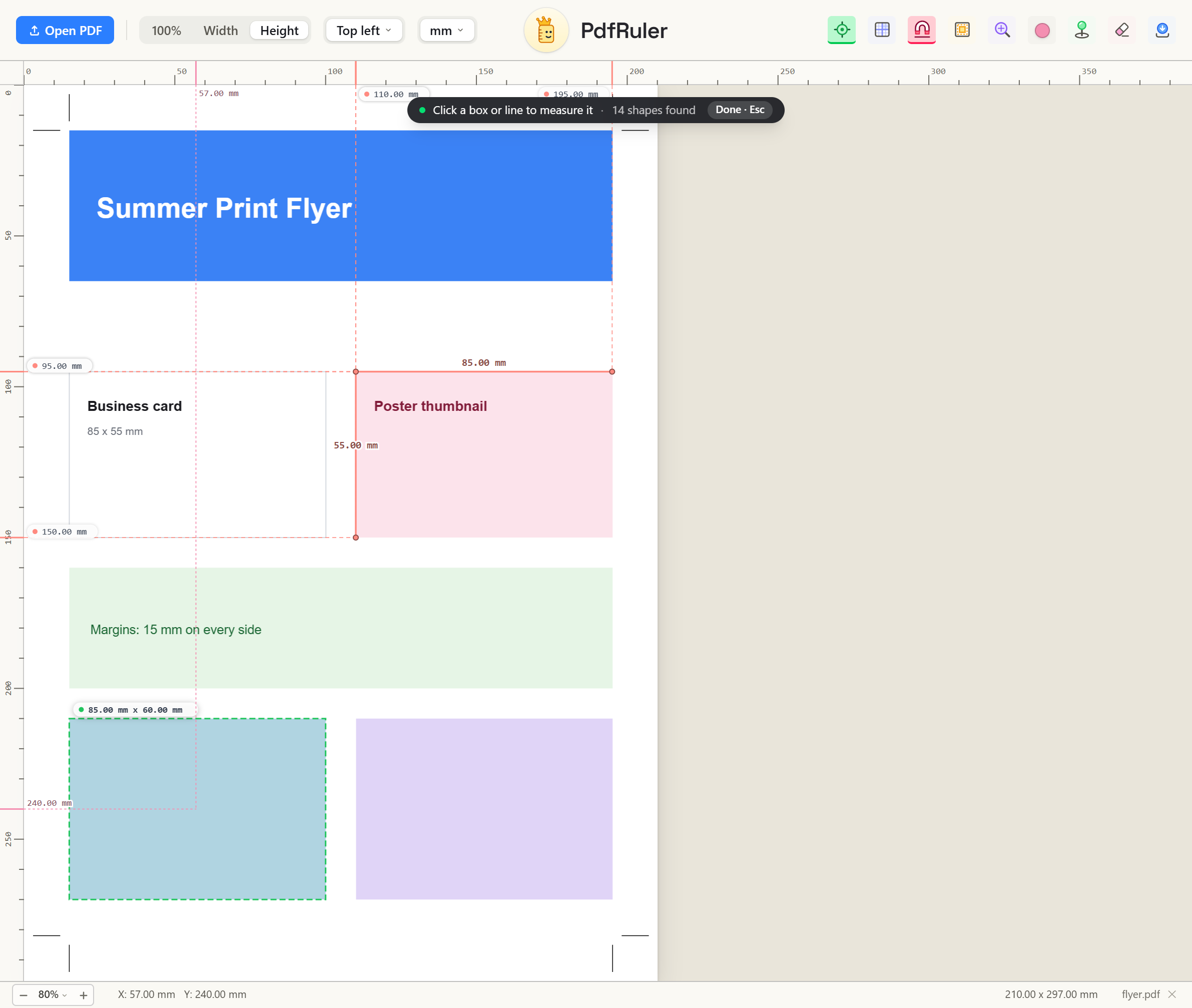 PdfRuler Pick mode outlining a box on a flyer PDF with its size in millimetres