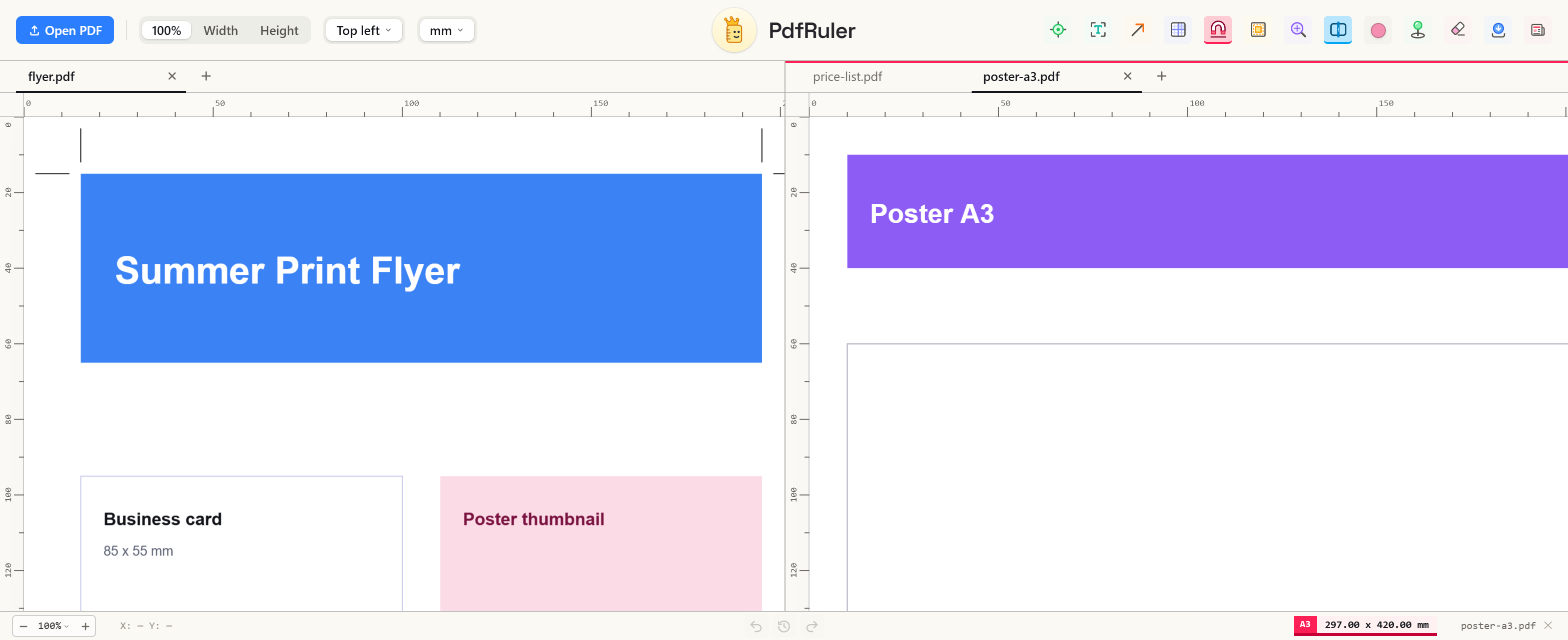 PdfRuler split view where the right pane holds two PDFs in tabs and the left pane shows a flyer