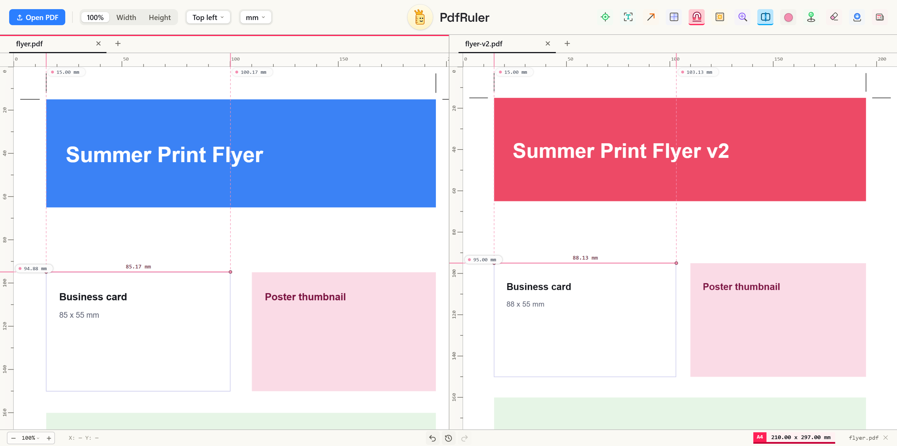 PdfRuler split view comparing a flyer proof and its revision, the business card measuring 85 mm on the left and 88 mm on the right