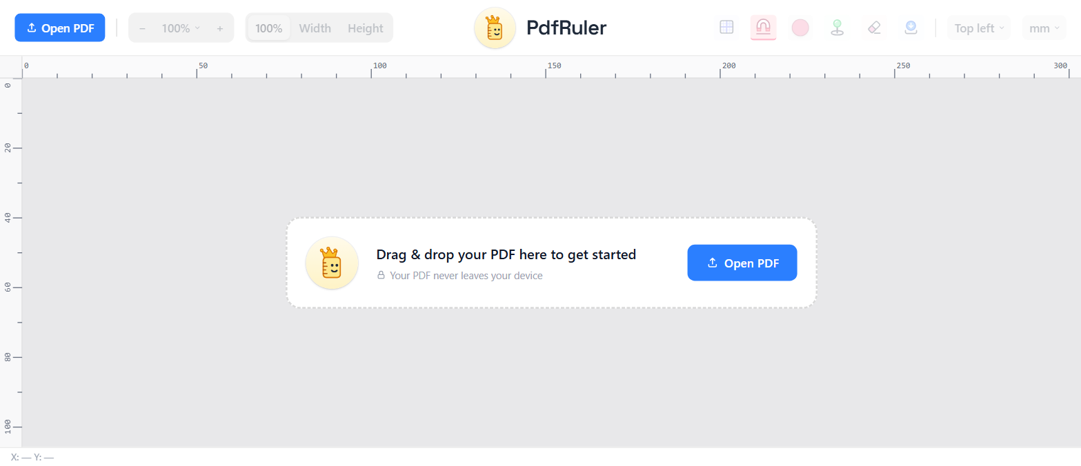 The PdfRuler start screen with rulers and a drop area for a PDF