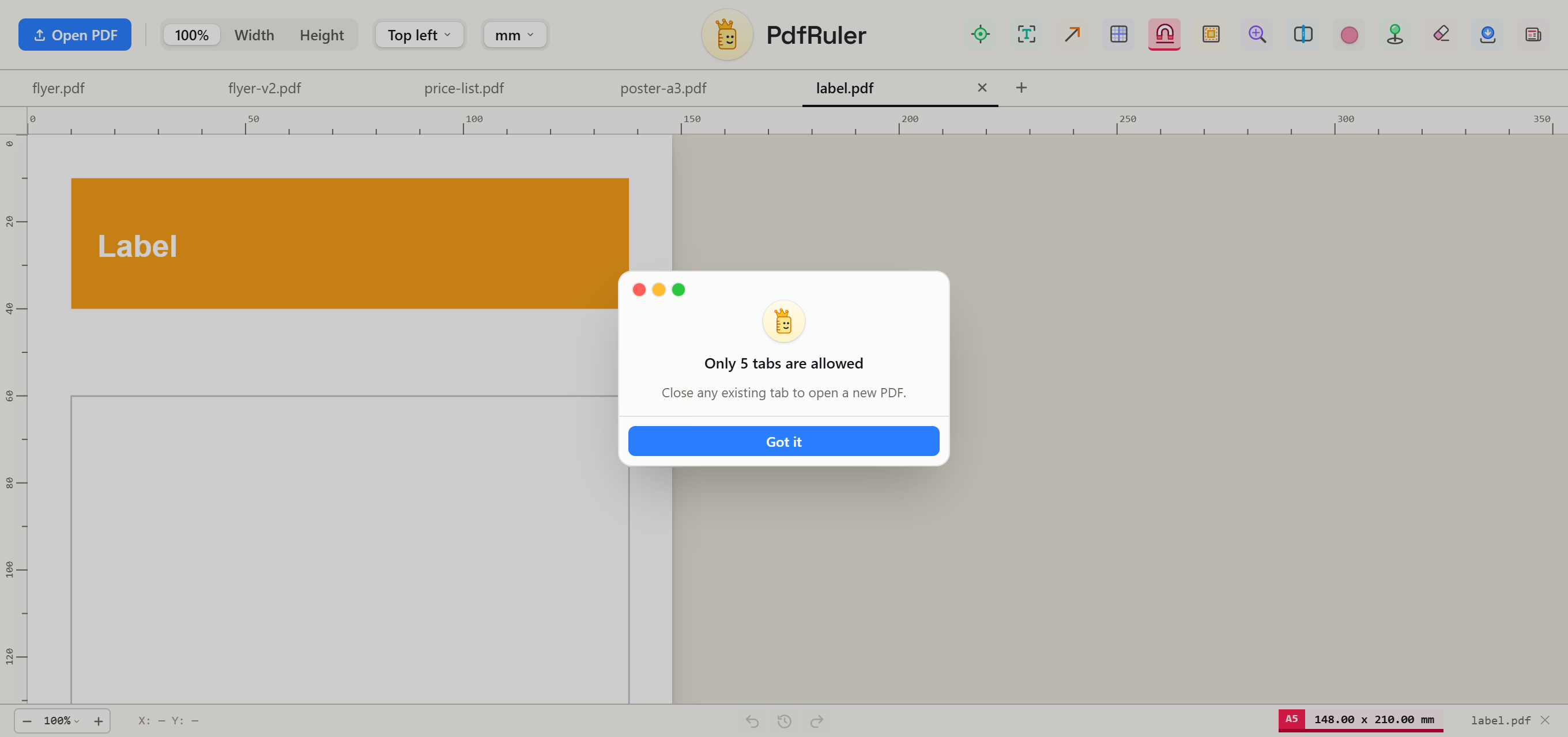 PdfRuler notice saying only 5 tabs are allowed and to close an existing tab to open a new PDF