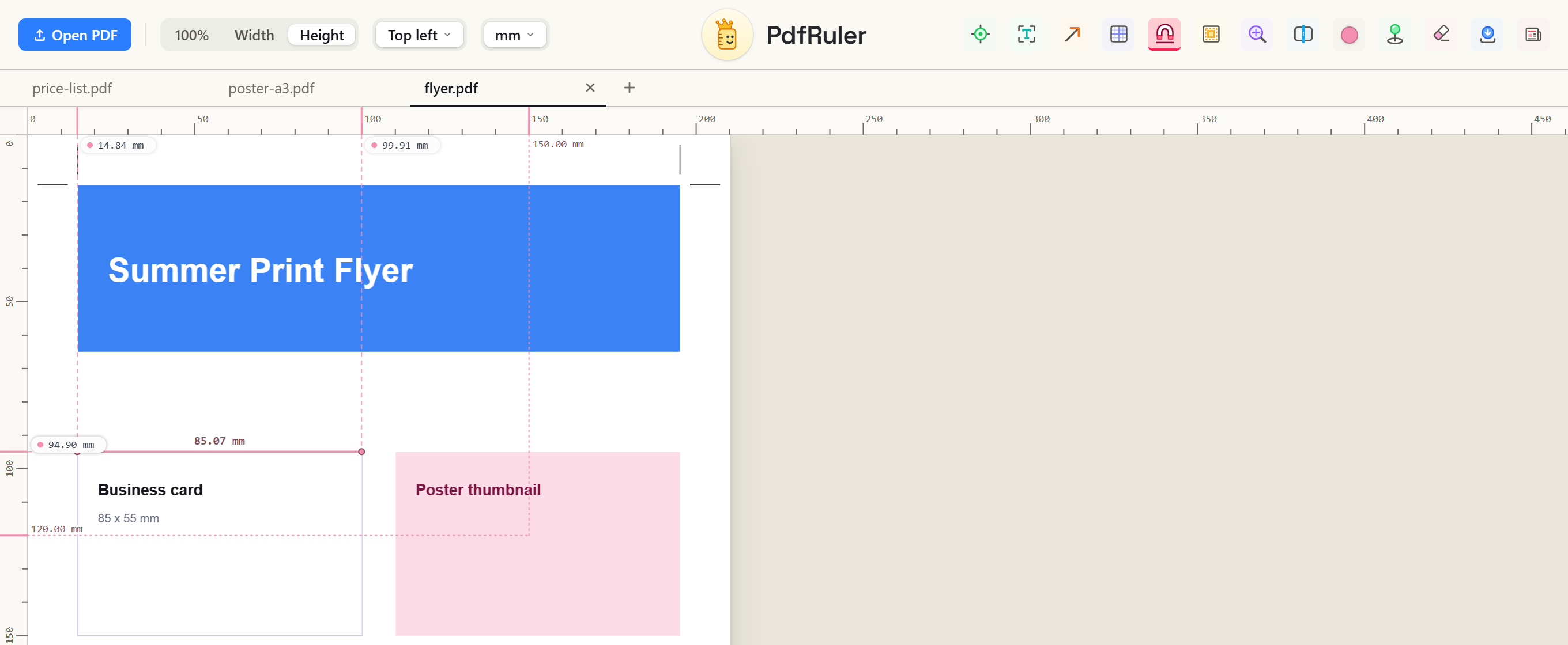 PdfRuler with three PDFs open in tabs, a flyer measured in millimetres on the active tab